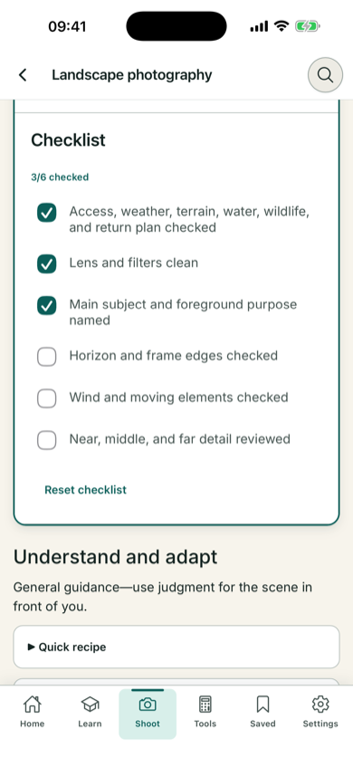 ShotInstruct landscape checklist with three of six items checked in English