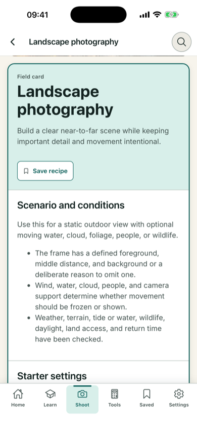 ShotInstruct landscape field recipe showing the intent and shooting conditions in English