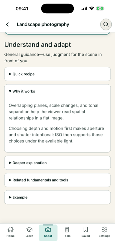 ShotInstruct explanation of why the landscape recipe works in English